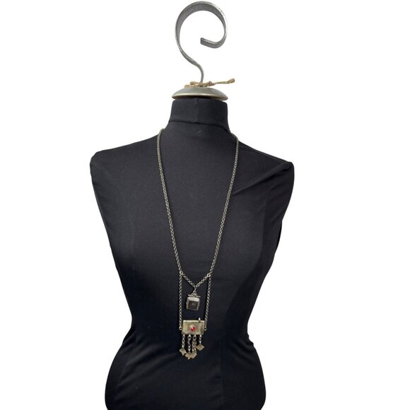 Vintage Silver-Tone Tribal Statement Necklace With Red Glass Stone & Dangling Ch - Picture 1 of 9